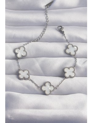 Asel Aksesuarcı 316L Çelik Gümüş Renk Beyaz Sedefli Yonca Bileklik