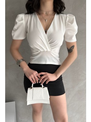 End Black Store Kruvaze Yaka Karpuz Kol Krep Kadın Bluz