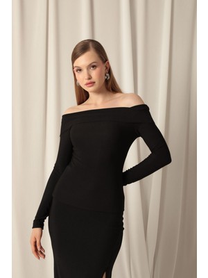 End Black Store Ottoman Kumaş Madonna Yaka Kadın Bluz Siyah