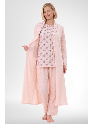 Mecit Pijama Mecit 6316 Pudra Kadın Büyük Beden Sabahlıklı Pijama Takımı