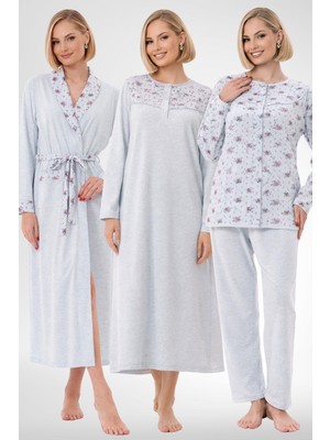 Mecit Pijama Mecit 6321 Mavi Büyük Beden Kadın Sabahlık Pijama Gecelik Set