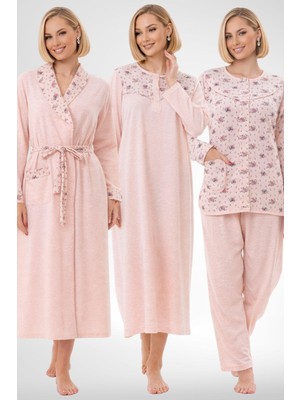 Mecit Pijama Mecit 6321 Pudra Büyük Beden Kadın Sabahlık Pijama Gecelik Set