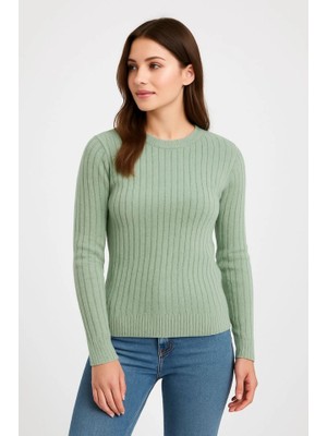 ModaSize Erkek Bisiklet Yuvarlak Yaka Triko Kazak Pamuklu Kalın Fitilli Dokuma, Regular Fit Uzun Kollu Kışlık Model - Mint Yeşili