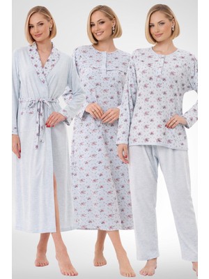 Mecit Pijama Mecit 6318 Mavi Büyük Beden Kadın Sabahlık Pijama Gecelik Set