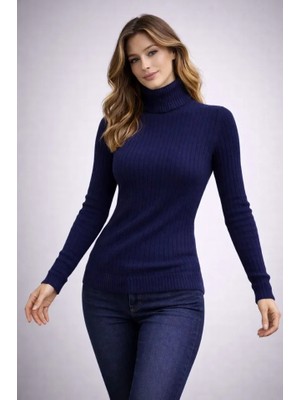 ModaSize Balıkcı Yaka Bağazlı Triko Kazak Pamuklu Kalın Fitilli Dokuma - Lacivert