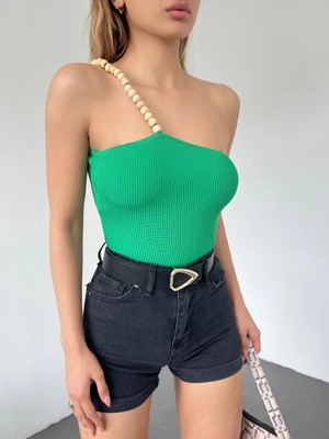 End Black Store Ahşap Boncuk Detaylı Askılı Triko Kadın Bluz Yeşil DF2303