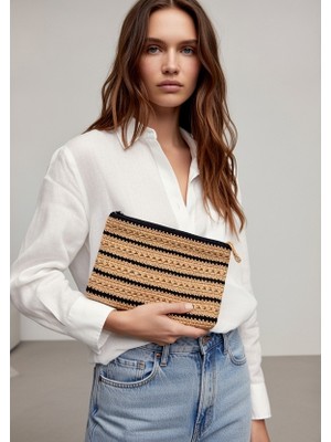 Chellomood - El Örgüsü Kağıt Ip Kadın Clutch / El Çantası – Lacivert & Bej (29×21 Cm)