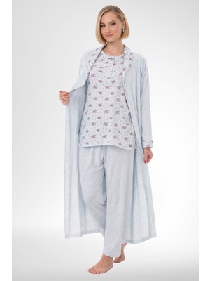 Mecit Pijama Mecit 6316 Mavi Kadın Büyük Beden Sabahlıklı Pijama Takımı