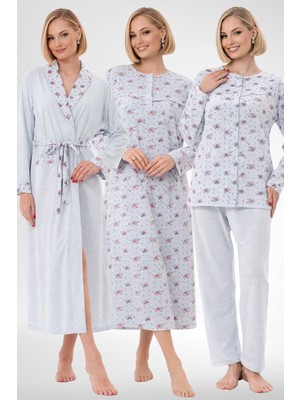 Mecit Pijama Mecit 6319 Mavi Büyük Beden Kadın Sabahlık Pijama Gecelik Set
