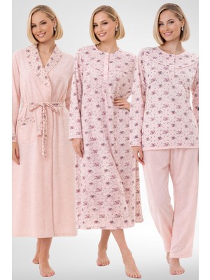 Mecit Pijama Mecit 6318 Pudra Büyük Beden Kadın Sabahlık Pijama Gecelik Set