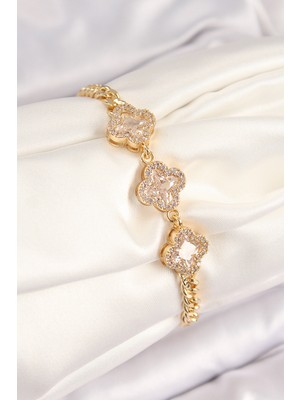 Asel Aksesuarcı Pirinç Zirkon Taşlı Yonca Model Gold Renk Kadın Bileklik