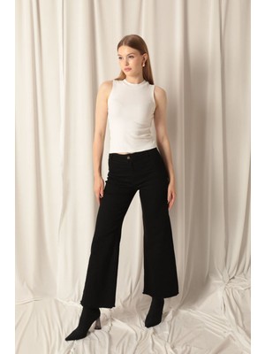 End Black Store Denim Kumaş Wide Leg Paçası Püsküllü Salaş Kadın Kot Pantolon Siyah