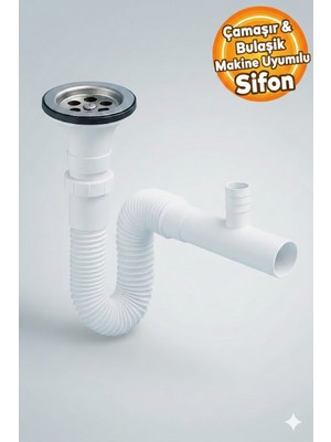Primeaks Çamaşır Veya Bulaşık Makinesi Çıkışlı Lavabo Altı Körüklü Sifon | Tek Girişli | Adaptör Conta Hediyeli