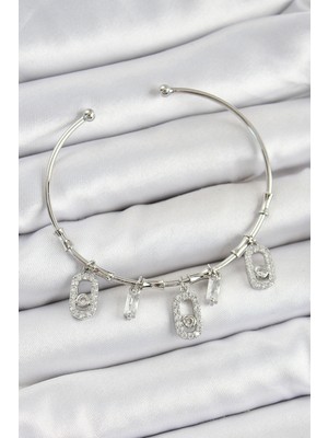 Asel Aksesuarcı Pirinç Zirkon Taşlı Dikdörtgen Model Gümüş Renk Charm Bileklik