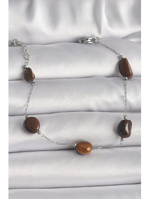 Asel Aksesuarcı 316L Çelik Gümüş Renk Zincir Kahverengi Doğaltaş Model Kadın Bileklik