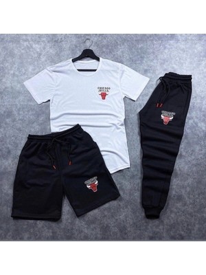 Adrift Chicago Baskılı Beyaz - Siyah Slim Fit 3’lü Takım ( Tişört - Şort - Eşofman Alt