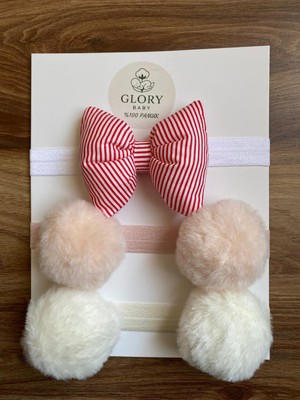 Glory Baby Kız Bebek Fiyonklu & Ponponlu Bandana - Saç Bandı 3'lü Set