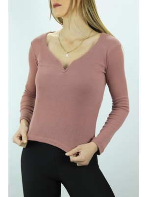 End Black Store Kaşkorse Kumaş V Yaka Klipsli Dar Kalıp Kadın Bluz Pudra 117.645