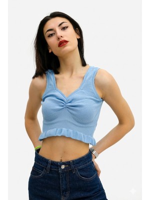 End Black Store Bel Lastikli Triko Kadın Bluz Mavi P-019708