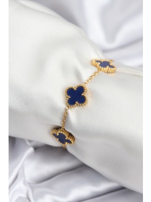 Asel Aksesuarcı 316L Çelik Zincir Gold Renk Lacivert Yonca Kadın Bileklik