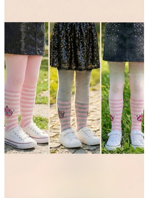 Pink Bunny %80 Pamuklu Kız Çocuk 2'li Paket Sevimli Figürlü ve Çizgili Pamuklu Külotlu Çorap Seti