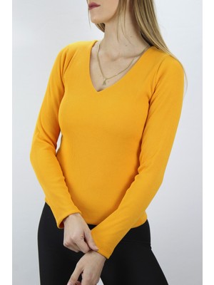 End Black Store Kaşkorse Kumaş V Yaka Dar Kalıp Kadın Bluz Hardal 121.245