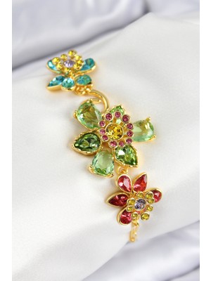 Asel Aksesuarcı Vıp Pirinç Zirkon Taşlı Çiçek Model Gold Renk Kadın Bileklik