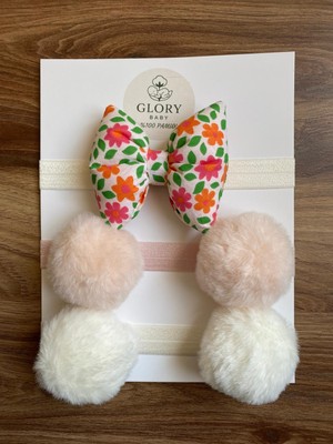 Glory Baby Kız Bebek Fiyonklu & Ponponlu Bandana - Saç Bandı 3'lü Set