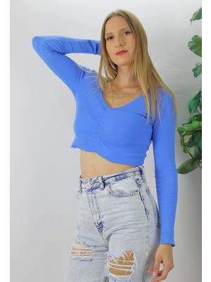 End Black Store Büzgülü Fitilli Bluz Mavi  - 94ABÜZGÜLÜ Fitilli V Yaka Uzun Kollu Kadın Bluz Mavi 94574574