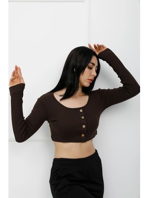 End Black Store Düğmeli Mini Crop Kadın Body Kahve P-020494