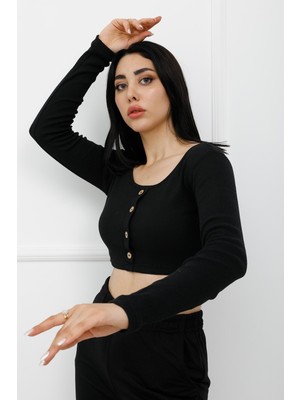 End Black Store Düğmeli Mini Crop Kadın Body Siyah P-020494