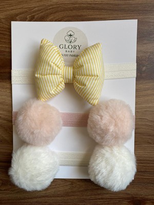 Glory Baby Kız Bebek Fiyonklu & Ponponlu Bandana - Saç Bandı 3'lü Set