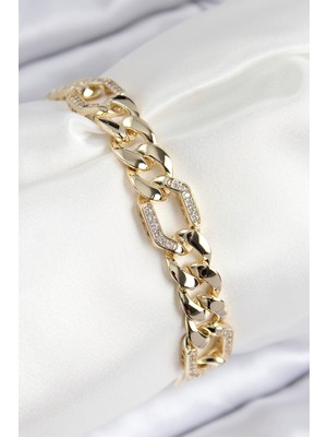 Asel Aksesuarcı Vıp Pirinç Zirkon Taşlı Parçalı Zincir Model Gold Renk Kadın Bileklik