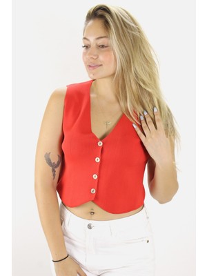 End Black Store Triko Kumaş Crop Kadın Yelek Bluz Kırmızı 1468.100