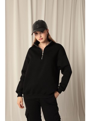 End Black Store Üç İplik Dik Yaka Yarım Fermuarlı Kadın Sweatshirt Siyah