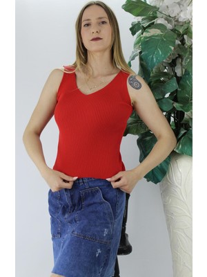 End Black Store V Yaka Fitilli Triko Kadın Atlet Kırmızı LKS1262.32