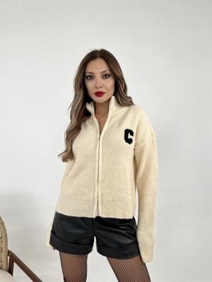 End Black Store Şardonlu Armalı Triko Kadın Hırka Krem 3907