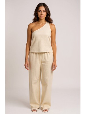 Kadın Beyaz Tek Omuzlu Şık Bluz &amp; Geniş Paça Pantolon Ikili Takım