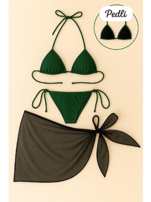Kadın Yeşil Siyah Pareolu Yandan ve Boyundan Bağlamalı 3'lü Bikini Takımı – Modern, Konforlu ve Günlük Kombinlere Uygun