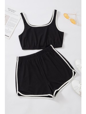 Kadın Siyah Askılı Crop Top ve Şortlu Gecelik Takım