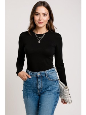 Kadın Siyah Uzun Kollu Fit Basic Crop Top Bluz