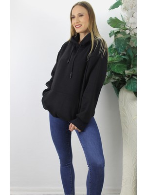 End Black Store Üç İplik Şardonlu Kapşonlu Kadın Sweatshirt Siyah 2410.2022