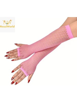 NessiWorld 80’ler 90’lar Retro Neon Pembe File Parmaksız Eldiven 26 cm