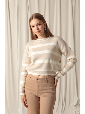 End Black Store Triko Kumaş Çizgili Kadın Kazak Taş