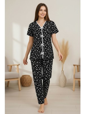 Kadın Siyah Kalp Desenli Fiyonklu Kısa Kollu Uzun Pijama Takımı