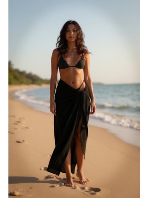 Kadın Siyah Bodrum Stili Bağlama Detaylı 150X75 Pareo – Modern ve Şık Tasarım