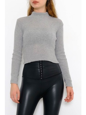 End Black Store Yarım Balıkçı Yaka Crop Triko Dar Kalıp Kadın Kazak Gri 885.1319