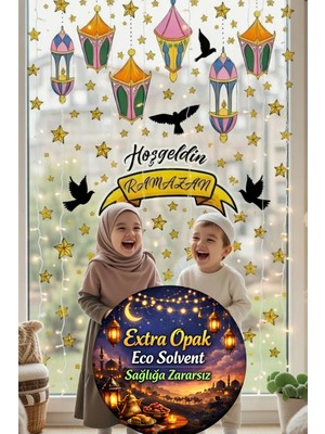 Kt Grup Hoşgeldin Ramazan Renkli Fener Sarkıt Kuşlar ve Yıldızlar Mat Görünümlü Cam Duvar Sticker Seti