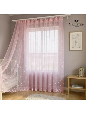 Groster Spor Pembe Yıldızlı Kız Çocuk Odası Perde - 1/3 Sık Pileli - Bebek Odası Perde -Tül-A Kalite ++