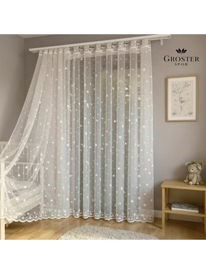 Groster Spor Beyaz Yıldızlı Çocuk Odası Perde - 1/3 Sık Pileli - Bebek Odası Perde -Tül-Perde-A Kalite ++